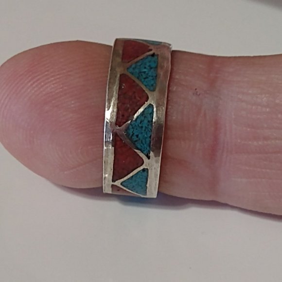Turquoise Coral Chip Inlay Native American Sterling Silver Ring Size: 3 - Picture 6 of 10